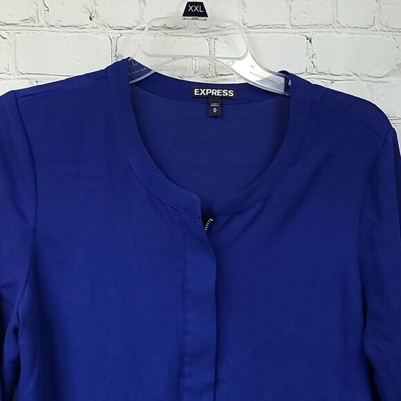 EXPRESS Zip Front Royal Blue Silky Top Chiffon Popover Dressy Blouse 3/4 Sleeves - Picture 4 of 10